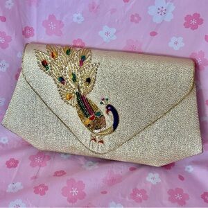 Vintage 90s Peacock Beaded Metro Brand India Import Gold Clutch Wallet 9.5"x5"